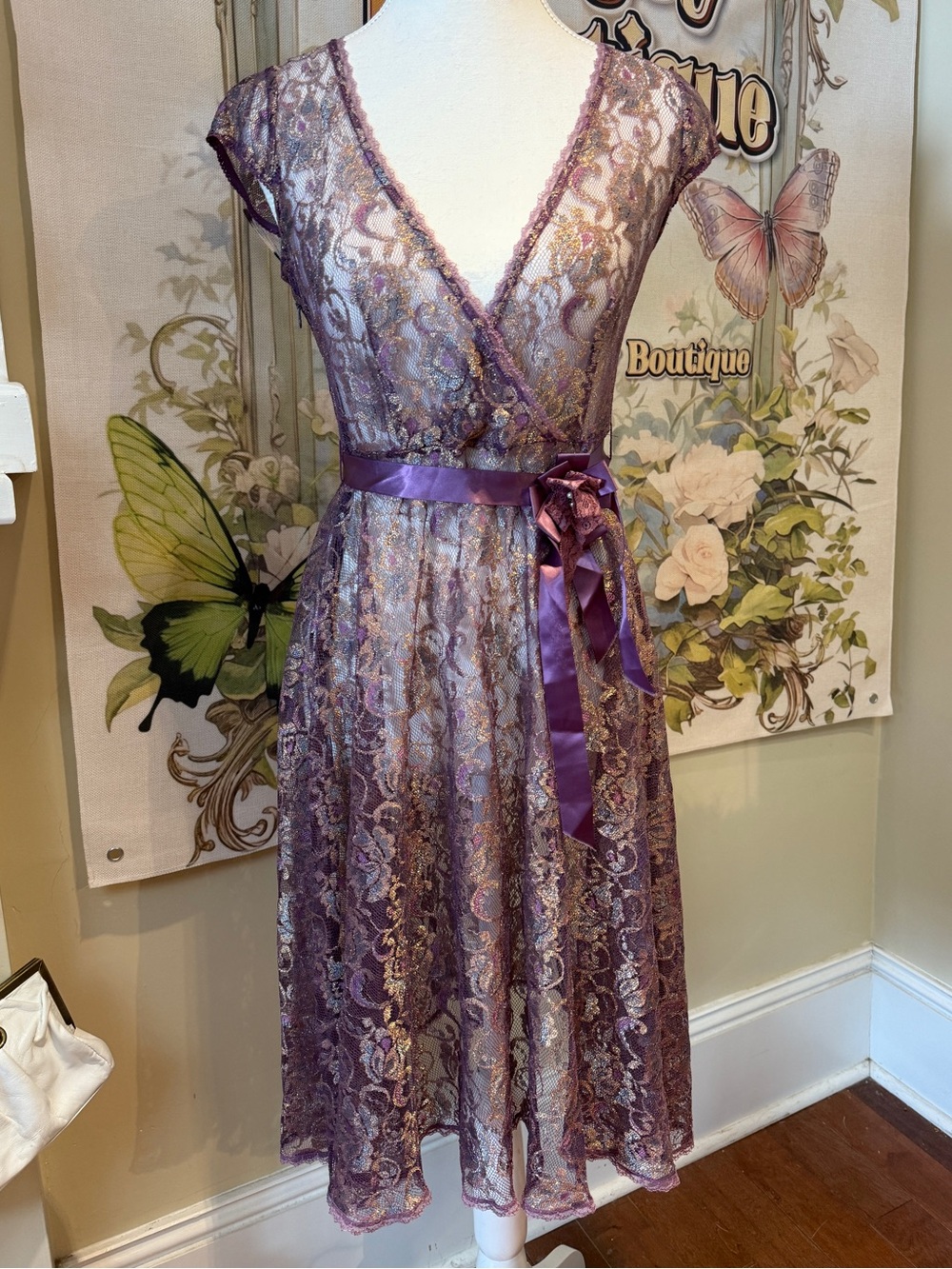 Purple Lace Wrap Dress with Satin Waist Tie